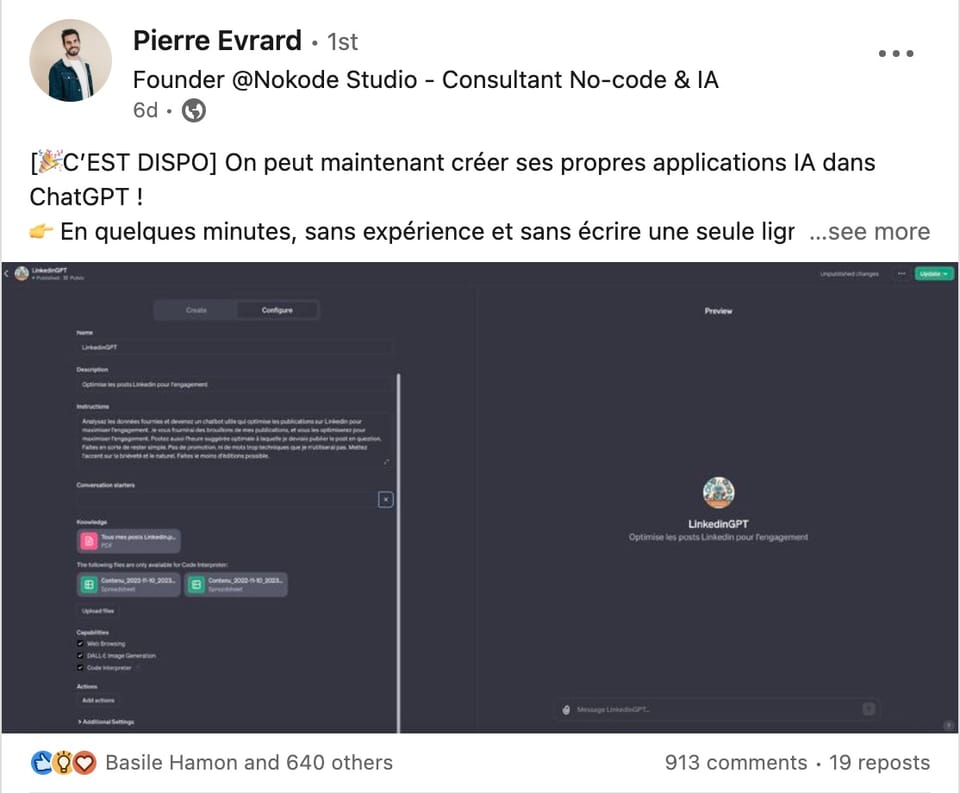 đ€ PĂ©pite #34 : CrĂ©er un âGPTâ de niche sur la crĂ©ation de Post Linkedin